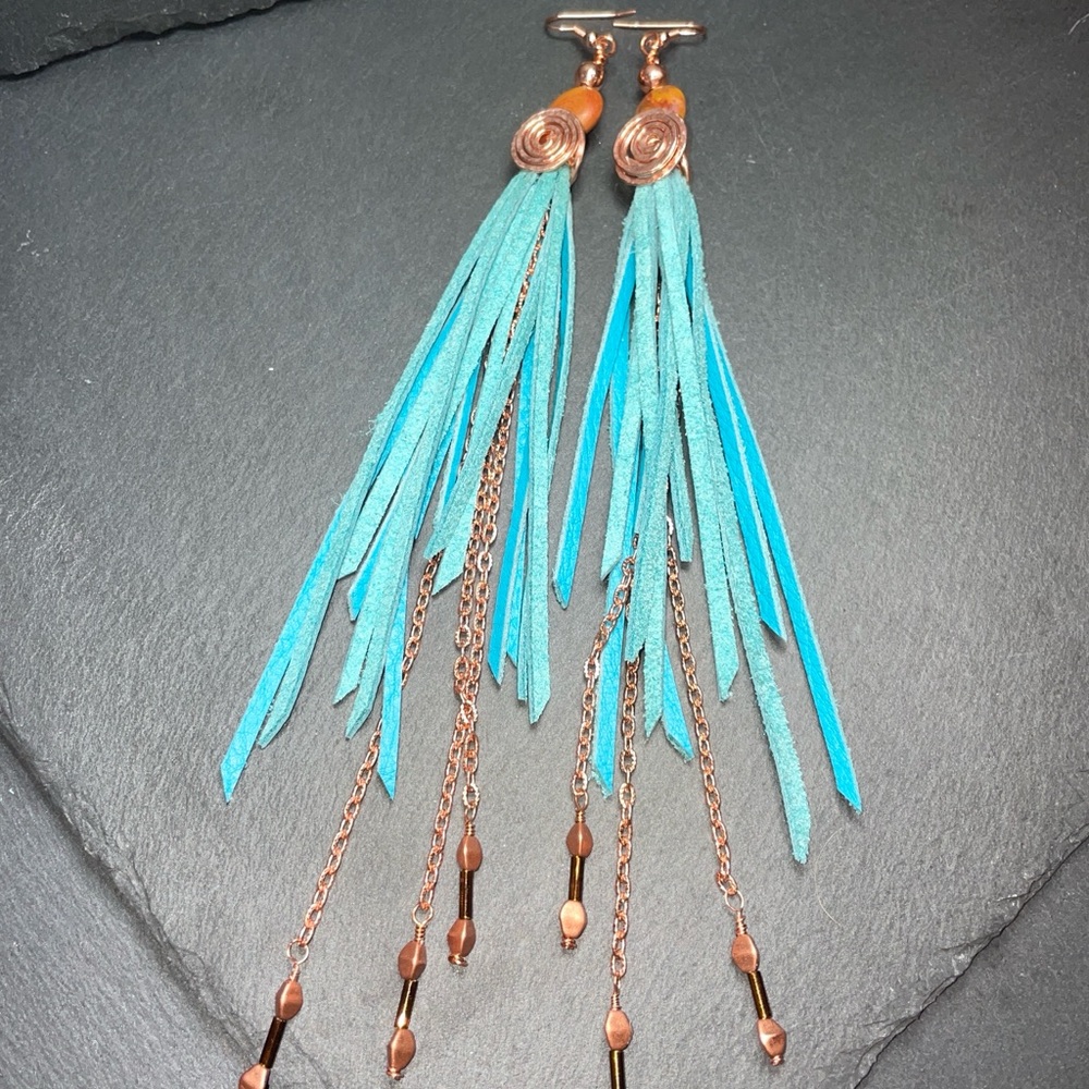 Natural Jasper And Genuine Turquoise Blue Leather Fringe And Copper Artisan - Picture 14 of 14